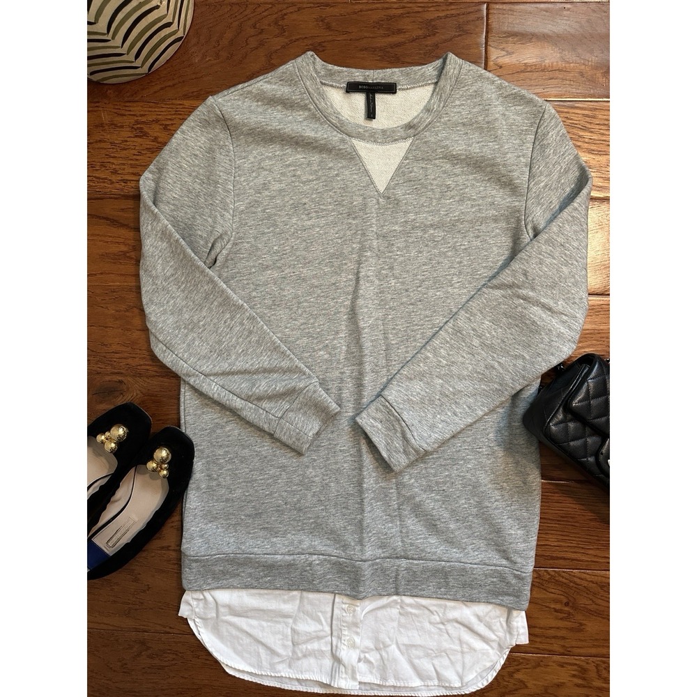 BCBGMAXAZRIA Womens S Grey White Layered Shirt Sweatshirt Dress Top WHITNIE